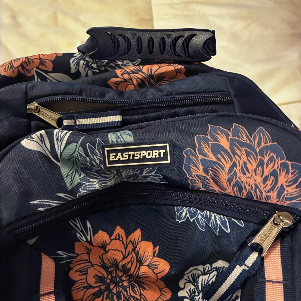 Eastsport Floral Navy Backpack - Peach & Cream Accents Many Compartments - Picture 8 of 9